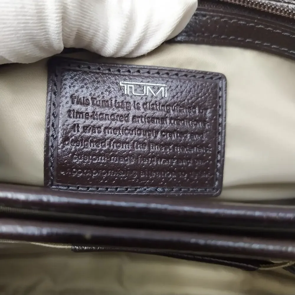 Tumi Brown Leather Gray Canvas Pushlock Laptop Briefcase Business Crossbody Bag